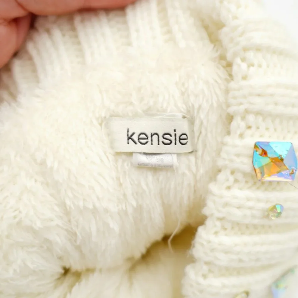 Kensie Girl Women White Cream Cable Knit Rhinestone One Size Sherpa Inside‎